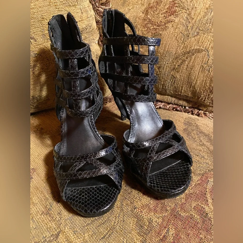 Michael Kors Black Trinity Platform Embossed Leather Strappy Heels platform 9